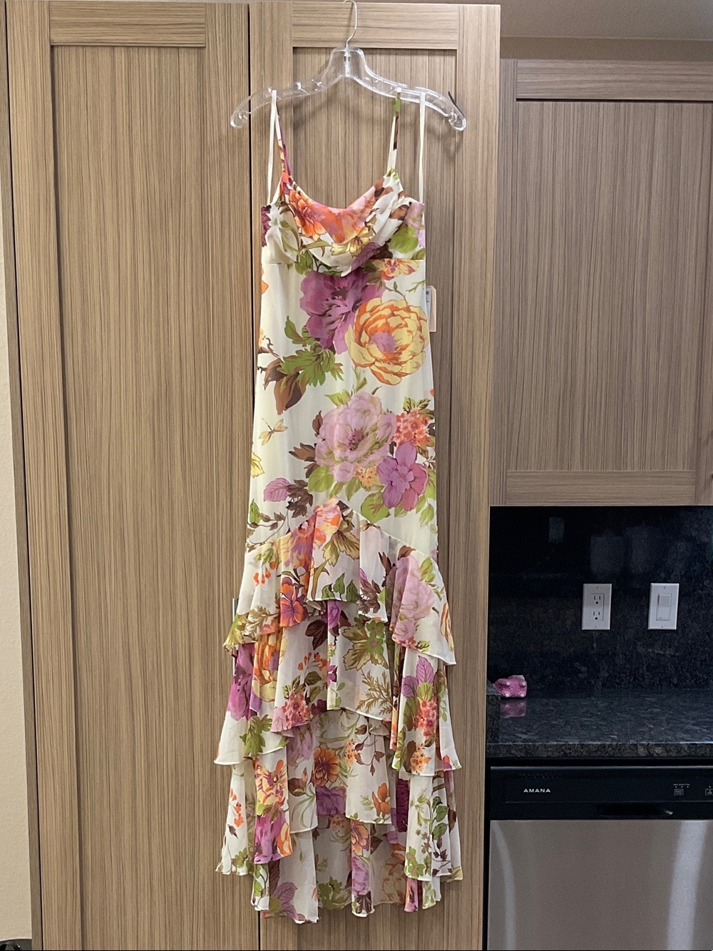 Floral High-Low Ruffle Maxi Dress - Cream with Pink & Orange Blooms